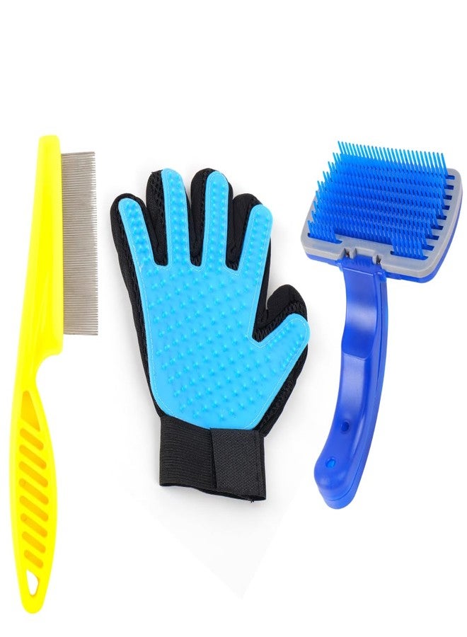 مجموعة العناية بالحيوانات الأليفة مع فرشاة تنظيف ذاتية، وقفاز لإزالة الشعر الزائد، ومشط للبراغيث للكلاب، طقم من 3 قطع - Image 1